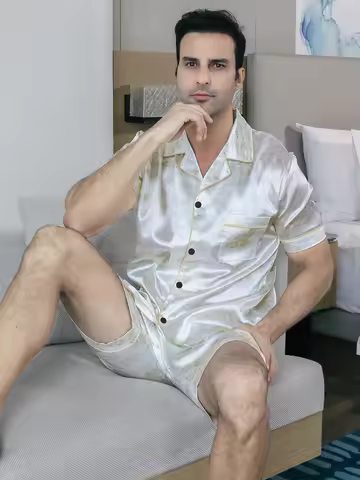 Two piece sets for men's pajamas summer short sleeved shorts auspicious cloud pattern printed home c