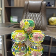 Bat Trang crested bird ceramic cup with cypress flower pattern and metal rim with built-in crested c