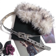 AI4L Ladies Rhinestone Furry Silver Belt Shiny Sparkling Plush Girdle New Style Y2k All-Match Pin Bu