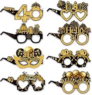 8 Pack Paper Glasses Decorations 40th Birthday Party Glasses, Black Gold Happy 40th Birthday Paper G