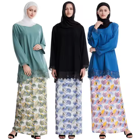 New Arrival Oem Malaysia Baju Kurung Thobe Floral Skirt Two Piece Set Lace Abaya Islamic Clothing fo