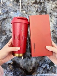 Starbucks星巴克 暖意融融鑽面不鏽鋼保溫杯 紅色500ml 戶外保溫瓶 水杯 水壺