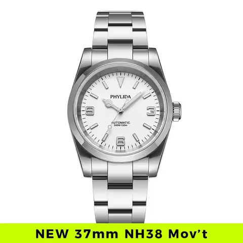 PHYLIDA Explore Series 37mm White Polar Dial NH38 Automatic Men’s Watch, 150M Waterproof, Vintage 36