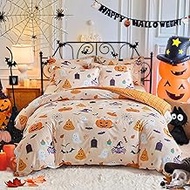 Joyreap 3pcs Halloween Duvet Cover Set, Light Orange Pumpkin Bat Tombstone Witch Hat Cobweb Design, 