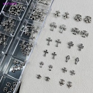 wallpink 60Pcs/12 Grids Mixed 3D Punk Silver Heart Cross Metal Manicure Nail Decoration Retro Differ