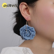 ASWELL Denim Blue Fabric Earrings, Ornament Denims Blue Rose Earrings, Handmade Exaggerate Flower Ea