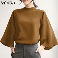 VONDA ผู้หญิงเสื้อฤดูร้อนที่สง่างามของแข็ง O-คอแขนสามในสี่ Blusas เสื้อลำลอง (เกาหลีสาเหตุ)