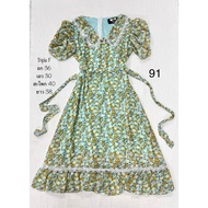 (91) Green Floral Chiffon Dress Triple F Label Size M L Beautiful To Wear With A Waist Tie