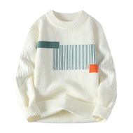 Autumn Winter Men Sweater Thick Loose Knitted Colorblock Round Neck Long Sleeves Pullover Elastic Da