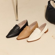 全真皮編織橫帶尖頭低跟樂福鞋