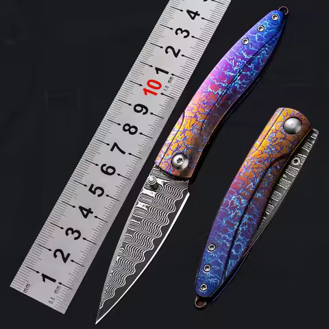 VG10 Damascus Folding Knife with Blue Anodized Lightning Titanium Alloy Handle, Outdoor Camping Hunt