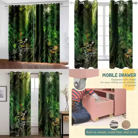 Green Bohemian Style Sheer Curtains Set of 2, Featuring Trees and Stream Scenery, Polyester Material