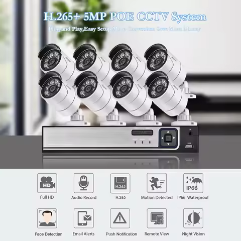 H.265+ 8CH 5MP HD POE NVR Kit CCTV Security System AI Audio Face Detect IP Camera Outdoor 2592X1944 