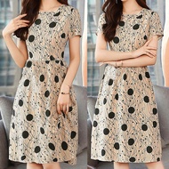 Limea Plus Size Dress For Women Formal Wedding Dress For Ninang Sale Women Fashion Summer Lady Elegant O-Neck Short Sleeve Wave Point Elastic Dress Polyester (Beige)