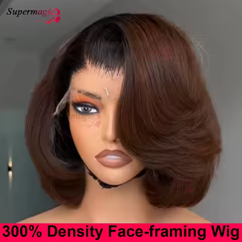 Ombre Chocolate brown T1B44x4 Lace Closure Straight Bob Wigs Pre Bleached Glueless Human Hair Straig