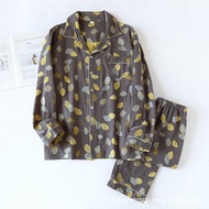 Spring / Autumn Yarn-dyed Cotton Mens Loungewear Long-sleeved Trousers Pajamas Two-piece Set Lapel L