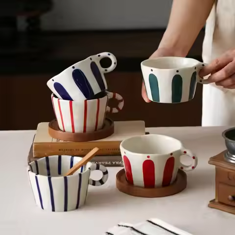 1Pc10.5Oz Scandinavian Geometric Stripesd Ceramic Mug, Exquisite Hand-Painted Round Mouth Handle Cup