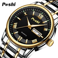 POSHI นาฬิกาข้อมือ นาฟิกาข้อมือผช นาฬิกาข้อมือธุรกิจ เข็มมีพรายน้ำเรื่องแสง Casio ของญี่ปุ่น นาฬิกาควอตซ์ สายสแตนเลส กันน้ำ พร้อมปฏิทิน รุ่น PS-909