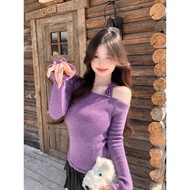 rodeo sweater sweater korean style sweater women Slanted Shoulder Sweater - Purple Three-Dimensional