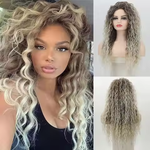 Long Curly Wigs for Women Ash Blonde Curly Synthetic Wig Mixed Blonde Small Curly Wig Layered Ombre 