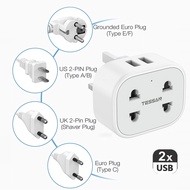 TESSAN Double Power Shaver Plug Adaptor UK with 2 USB, Extension Plug 2 Pin to 3 Pin Adapter Plug Socket for Bathroom Electric Razor, Toothbrush and EU US Plugs, 10A Fused - White