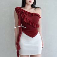 KIYANA Cirebon Cloth - Heejin Jellyfish Top Asymmetrical Ruffle Top Asymmetrical Top with Flowers Cu
