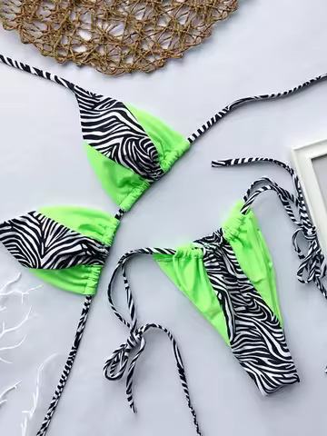 Zebra Print Halter micro Bikini 2025 women Bandeau String Swimsuit Female swimwear Neon Shiny bikini