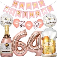 Balloon 64th Birthday Woman, Rose Gold Birthday Decoration 64 Years Women, Foil Balloon Wine Bottle 
