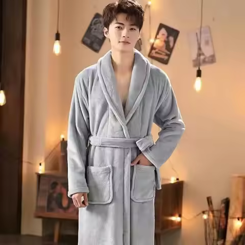 Belt Robe for Men Sleepwear Bathrobe Winter Night Wears Warm Fleece Pajama Solid One Piece Nightgown