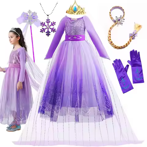 Frozen Cartoon Movie Elsa in Castle Purple Ball Gown with Long Train Princes Snow Queen Elsa Dress f