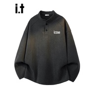It izzue Henry Collar Waffle Sweater Men Simple Loose Casual Trendy Sweatshirt Long Sleeve Top 7M