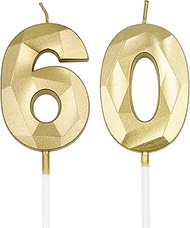 60th Birthday Candles for Cake, Gold Number 60 3D Diamond Shaped Candle Birthday Decorations Party S