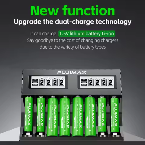 PUJIMAX 1.5V 4255mWh 1100mWh High Capacity Lithium Battery Cells Lithium And Charger Set 8-Slot LED 
