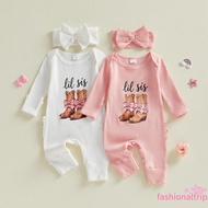 2Pcs Infant Baby Girl Outfit Long Sleeve Cowgirl Themed Print Footed Romper with Bow Headband Set