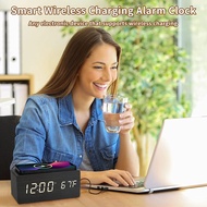 Ins Wooden Alarm Clock Multifunctional LED Digital Electronic Alarm Clock Desktop Charging Clock Wireless Charging Digital Wooden Clock