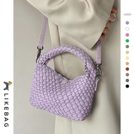 LIKEBAG สุภาพสตรีกระเป๋าถักมือใต้วงแขนกระเป๋าหนัง PU ถักกล่องอาหารกลางวันกระเป๋ามือถือไหล่ผู้หญิงทอ