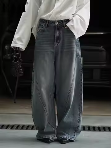 [EAM] High Waist Blue Denim Irregular Spliced Casual Wide Leg Jeans New Women Trousers Fashion Tide 