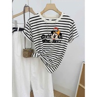 Striped short-sleeved T-shirt, women's fashion printed short-sleeved T-shirt, women's short-sleeved 
