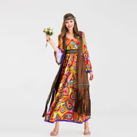 Fashion Women Halloween Adult Retro 60s 70s Hippie Costume Carnival Disguise Party Funky Disco Nativ