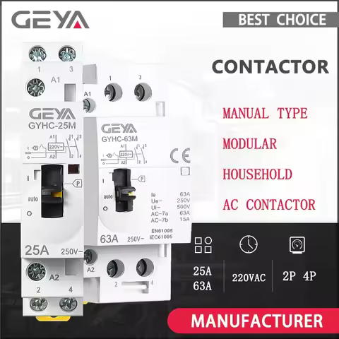 GEYA Manual Control AC Contactor 2P 4P 25A 63A 220V/230V 50/60Hz Din Rail Household AC Modular Conta