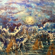Moonlight boats,original mix media painting on yupo paper