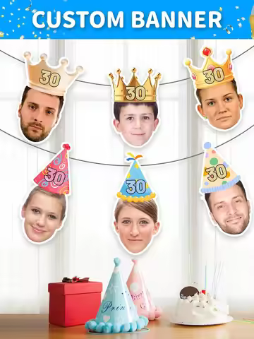 20cm Custom Face Birthday Banner with Crown & Hat, 6 Designs, Personalized Photo & Age, 7/14/21/28Pc