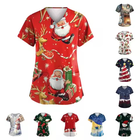 Christmas women's nurse uniform top with Santa Claus and reindeer pattern V-neck veterinary nurse un