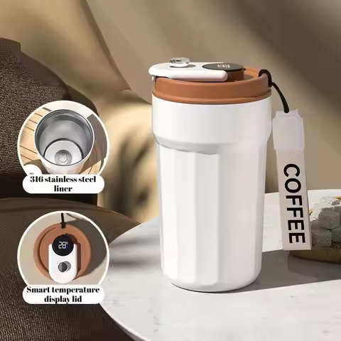 Smart Coffee Tumbler with Temp Display, 2 Drinking Modes, 316 Stainless Steel, 450ml Insulated Trave