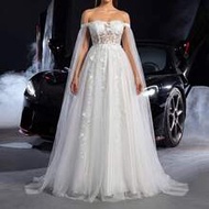 Elegant Off-Shoulder Wedding Dress With Sheer Chiffon Shawl Sleeves And Delicate Floral Appliques - 