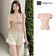 Happy Diva เสื้อยืดคอเหลี่ยมลูกไม้ผู้หญิงใหม่ฤดูร้อนปี 2025 หมายเลข 11650