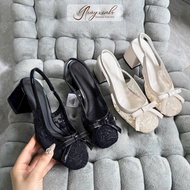 Women's High Heels with Floral Pattern and Bow, 7cm Square Heel, Gentle Lady's Style (form 0.9 fat f