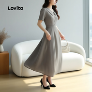 Lovito Gaun Elegan Berbutang Depan Musim Bunga/Panas Khaki untuk Wanita LBL29355