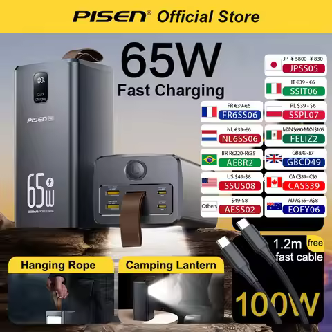 PISEN 60000mAh Large Capacity Power Bank PD3.0 65W Fast Charging Powerbank With Outdoor Camping Lamp