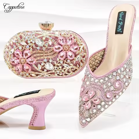 Pink Women Shoes And Bag Set Luxury African Ladies High Heels Slippers Match With Handbag Clutch Fem